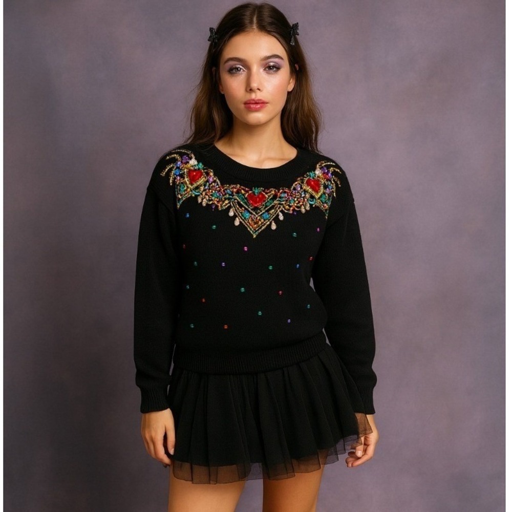 Vintage Black Sweater 80s 90s Jeweled Whimsigoth Grandmacore Artsy Y2K Retro L